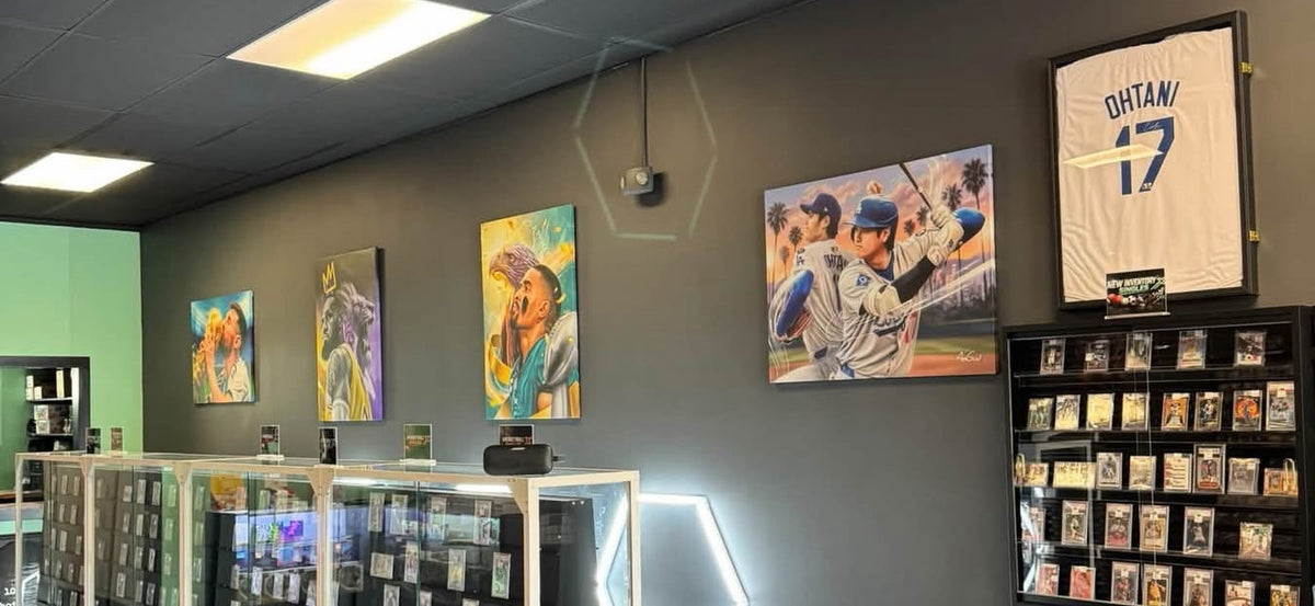 Sports-card displays, player artwork, and a framed Ohtani jersey inside CollectX