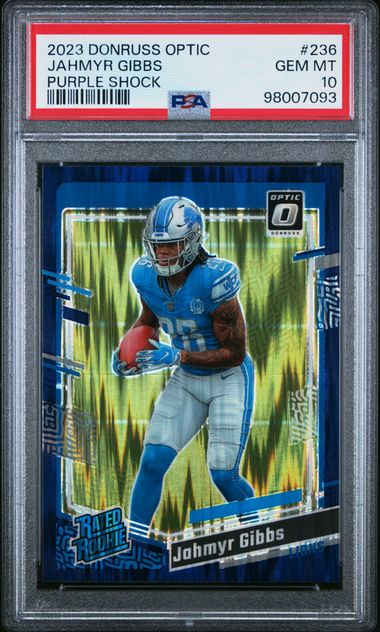 2023 Donruss Optic Jahmyr Gibbs Purple Shock #236 PSA 10-1