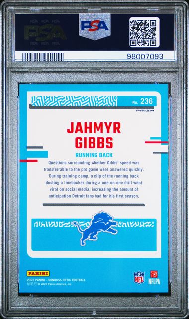 2023 Donruss Optic Jahmyr Gibbs Purple Shock #236 PSA 10-2
