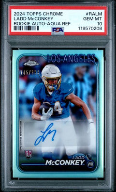 2024 Topps Chrome Ladd McConkey Rookie #RALM Auto Aqua Refractor /199 PSA Gem Mint 10-1
