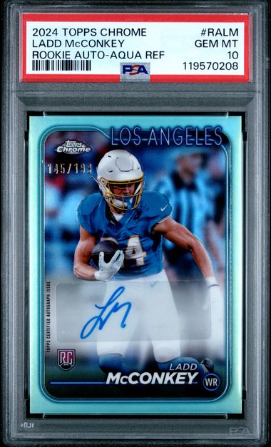 2024 Topps Chrome Ladd McConkey Rookie #RALM Auto Aqua Refractor /199 PSA Gem Mint 10