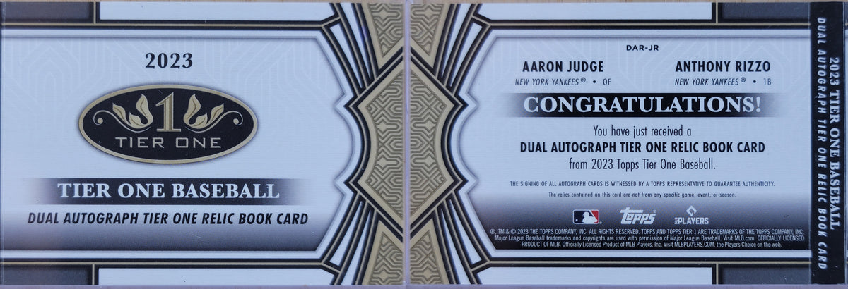 2023 Topps Tier One Dual Auto Relic Book Aaron Judge, Anthony Rizzo /10 #DAR-JR