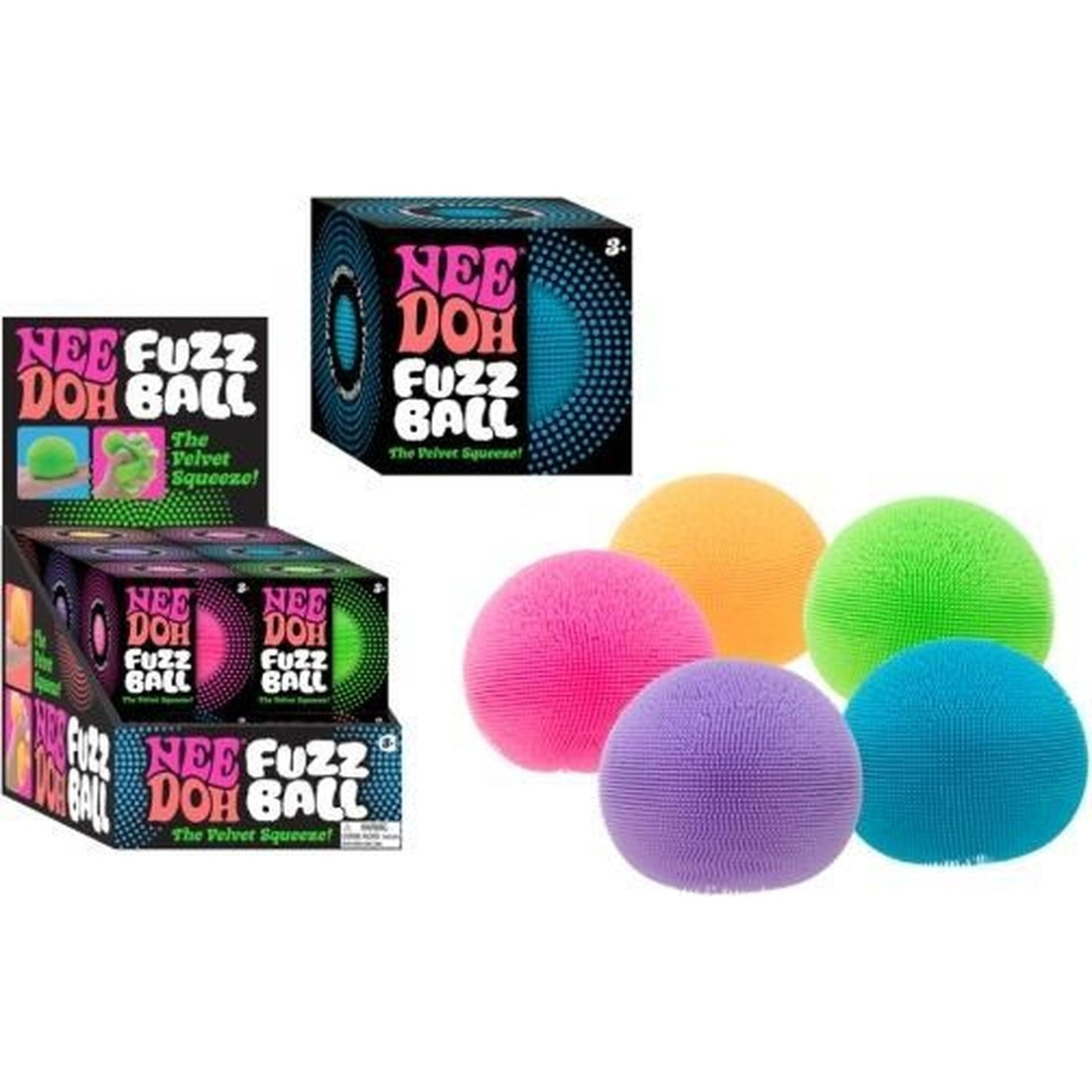 NeeDoh Fuzz Ball velvet squeeze stress ball in pink, orange, green, purple and blue, shown with retail display box