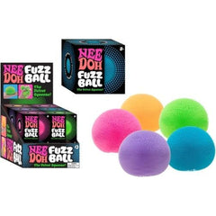 NeeDoh Fuzz Ball velvet squeeze stress ball in pink, orange, green, purple and blue, shown with retail display box