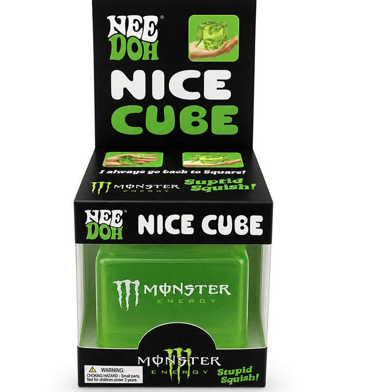NeeDoh Nice Cube Monster Energy squishy toy in retail packaging