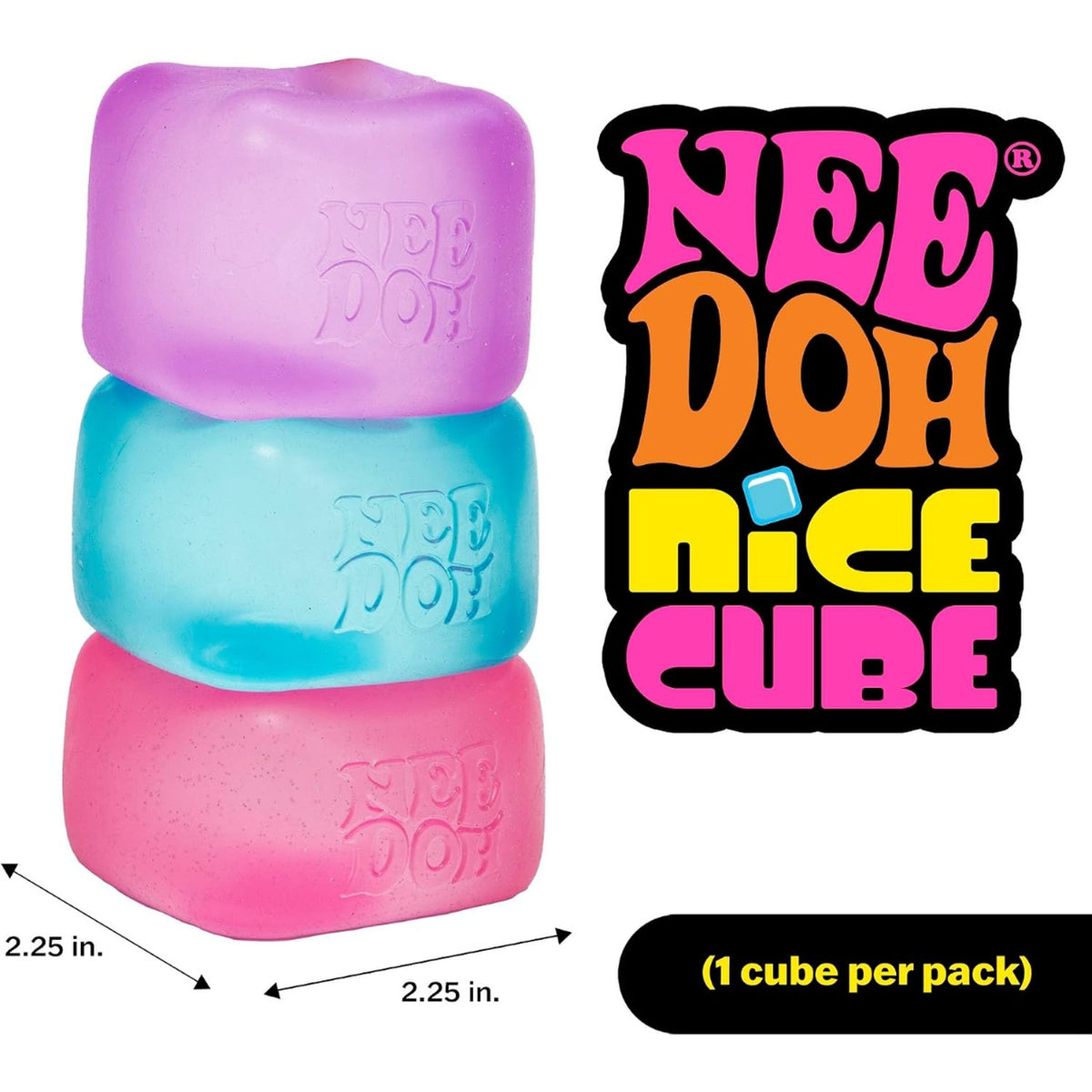 NeeDoh Nice Cube squishy stress toy stacked in purple, blue and pink, 2.25 inch cubes, one cube per pack