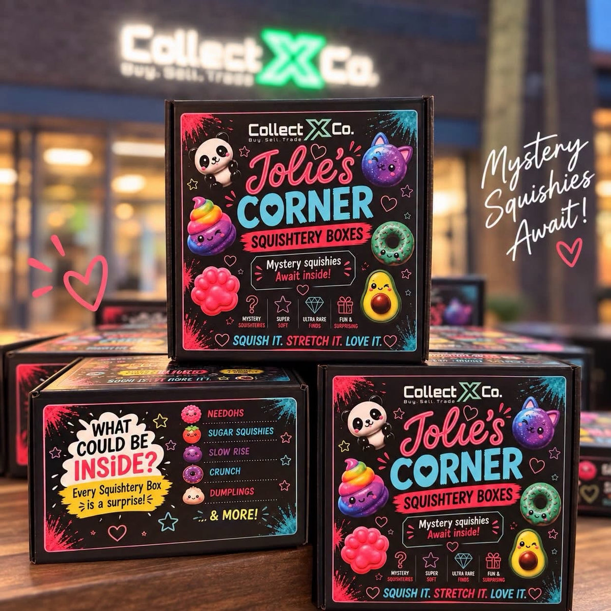 Jolie's Corner Squishery Mystery Boxes stacked outside the CollectX Co. store